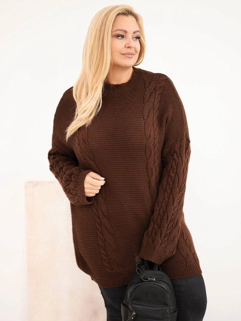 Plus Size women's sweater with cable knit pattern brown
