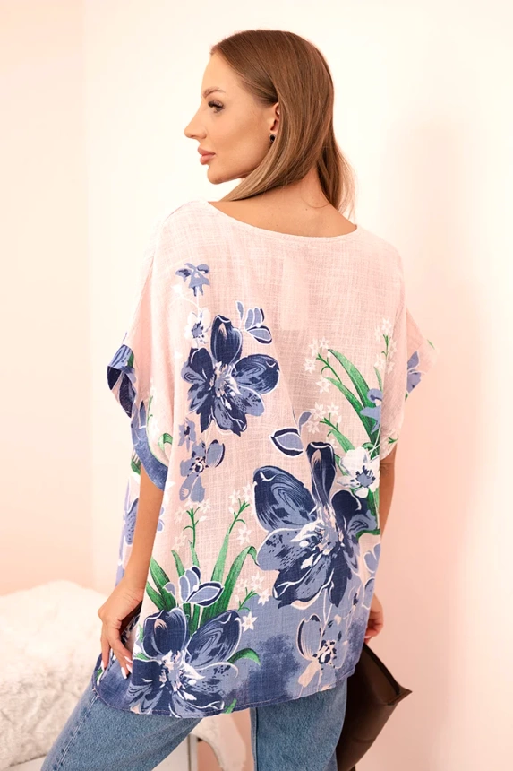 Women's cotton blouse with floral print and short sleeves powder pink