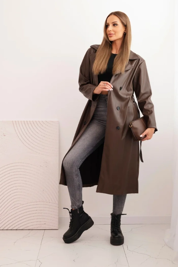 Trencz damski z ekoskóry z paskiem i kołnierzem brązowy