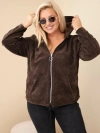 Dámská plus size manšestrová mikina s kapucí a zipem oversize hnědá