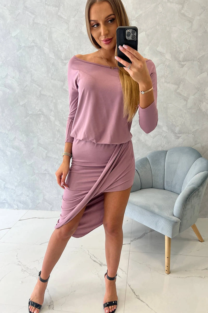 Asymmetric dress, 3/4 sleeve dark pink