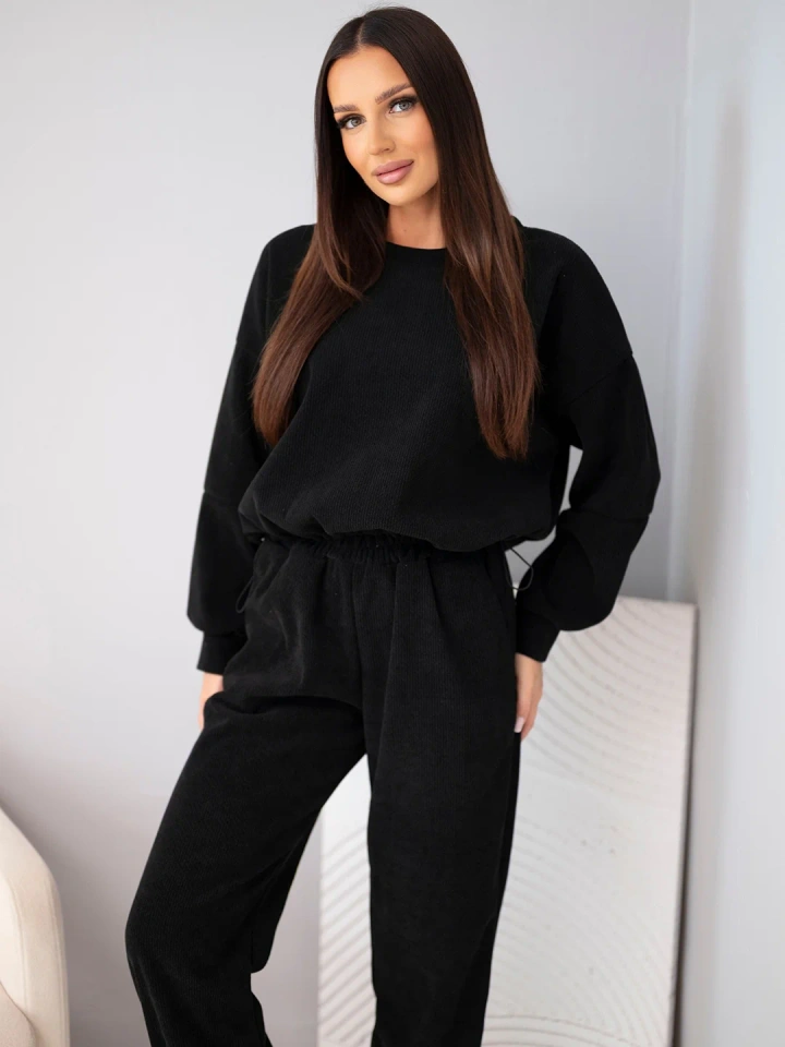 Ribbed viscose women's set with sweatshirt and pants with cuffs black
