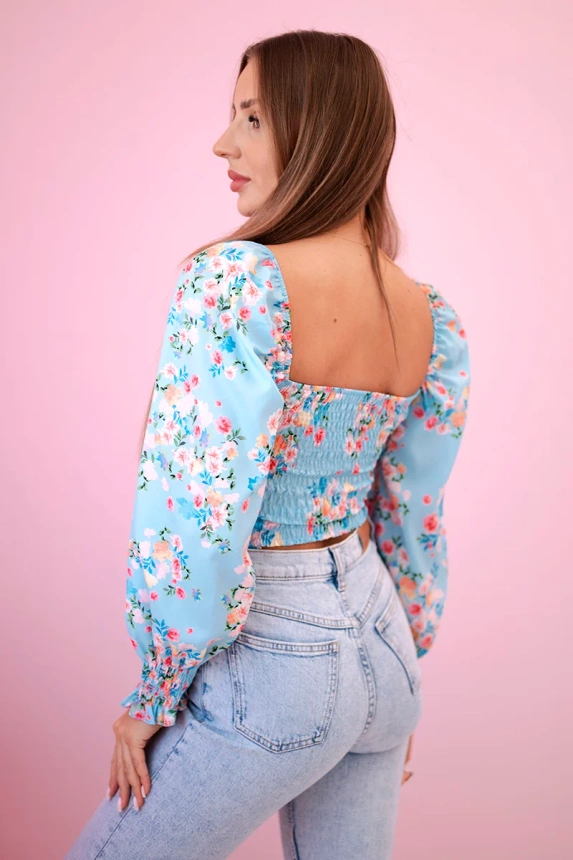 Spanische Damenbluse mit Blumenmuster, langarm blau