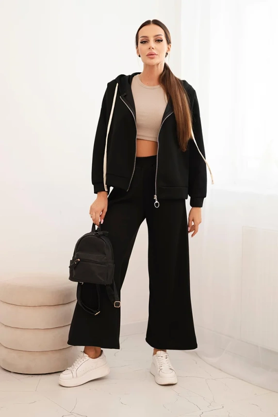 Women's set with wide leg pants and zip-up sweatshirt black