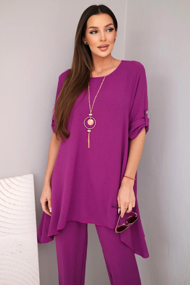 Komplet bluzka + spodnie s přívěskem lilkový