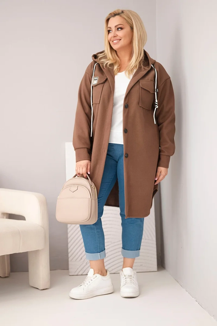 Plus Size women's hooded coat with button closure brown