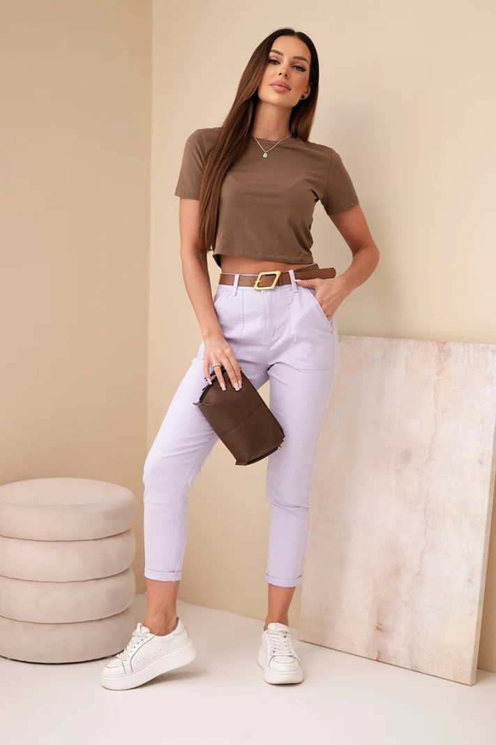 Women's spring Boyfriend high-waisted pants with a belt M.Sara purple