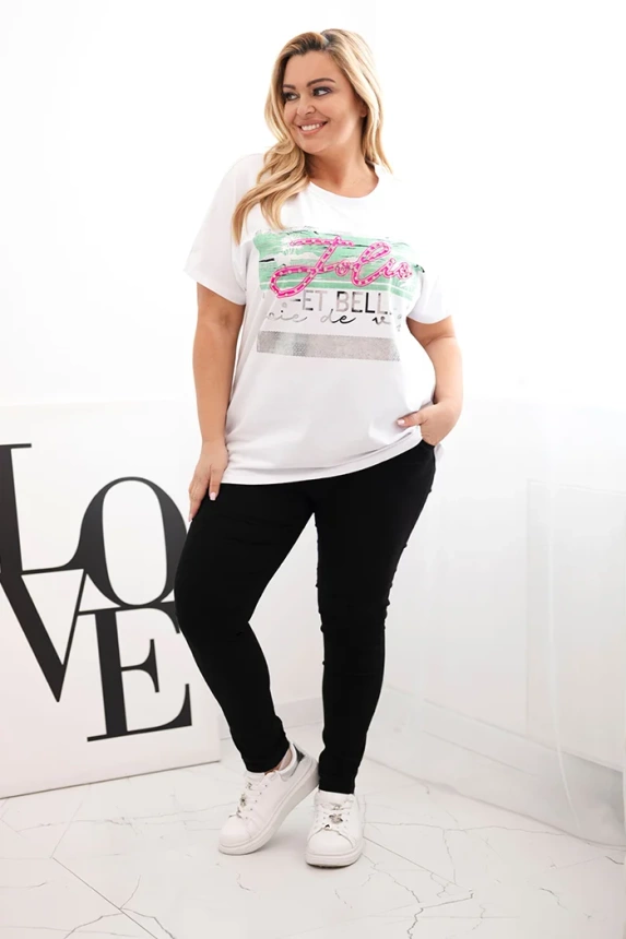 Dámska blúzka Plus Size s flitrovým nápisom biela + zelená
