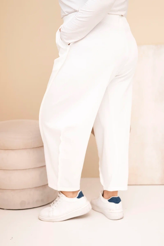 Dámské bavlněné kalhoty Plus Size volného střihu s vysokým pasem ecru