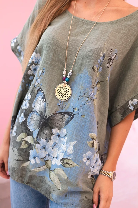 Damenhemd aus Baumwolle mit Schmetterlingen und Blumen khaki