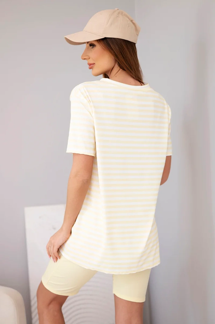 Women's viscose striped set with short sleeves and shorts yellow