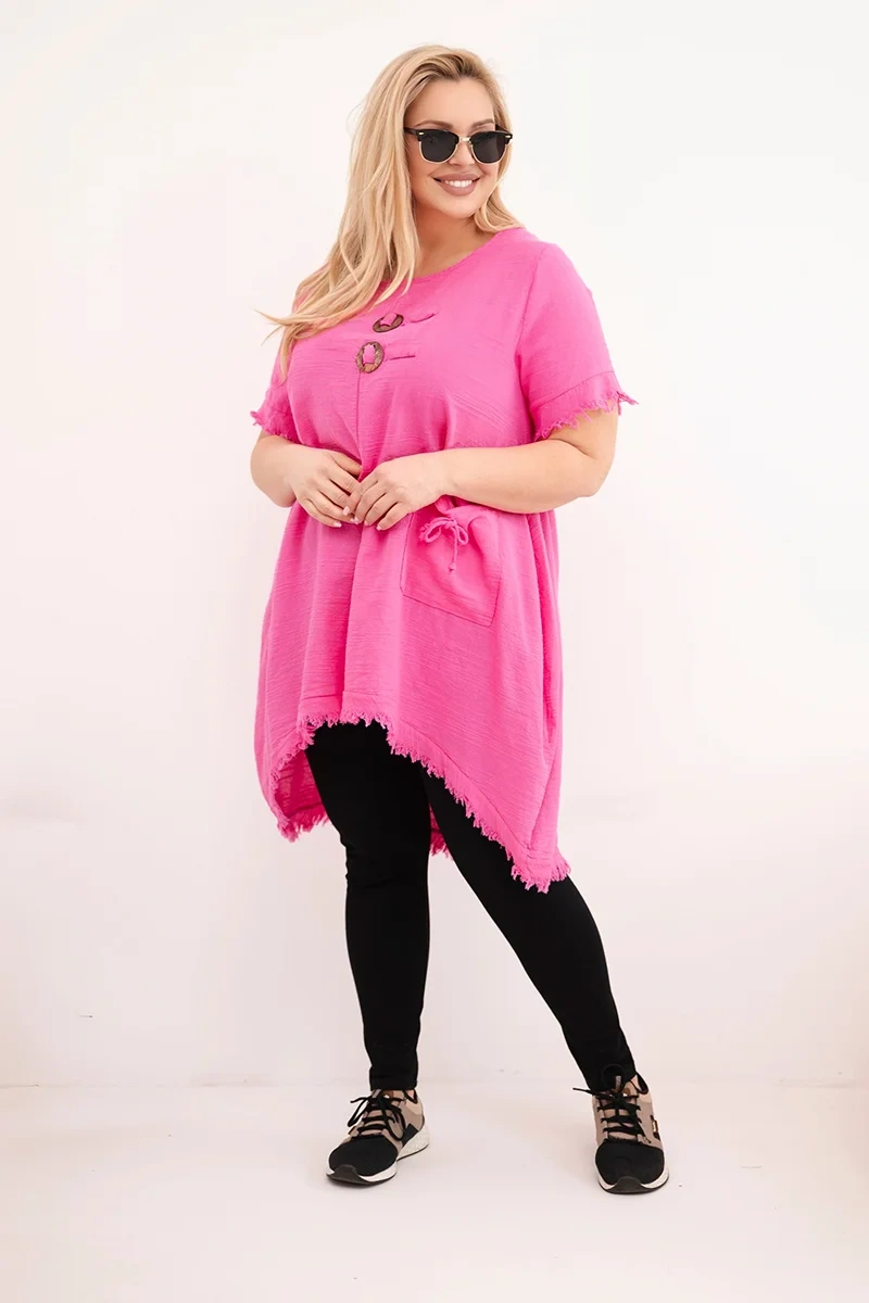Sukienka damska bawełniana Plus Size z dłuższym tyłem i kieszenią różowa