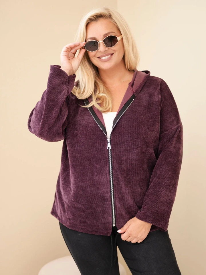 Bluza damska Plus Size sztruksowa z kapturem i zamkiem oversize ciemno fioletowa
