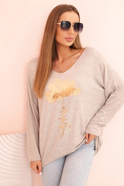 Bluzka damska z wiskozy z długim rękawem i złotym kwiatowym nadrukiem beżowy melanż