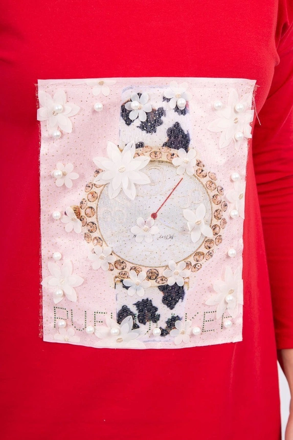 Dress with graphics 3D with pearls red