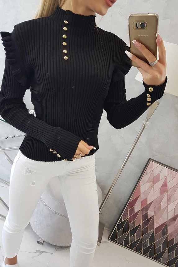 Fitted sweater blouse with buttons black