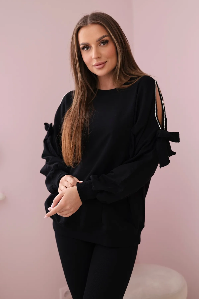 Komplet bluzy z kokardą na rękawach i legginsów czarny zdjęcie 2