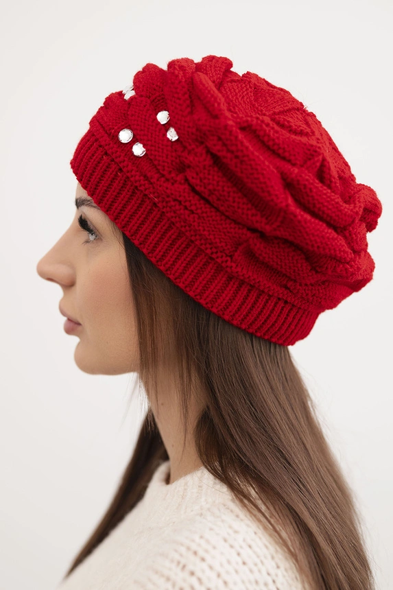 Women's winter wool hat with decorative crystals K399 red