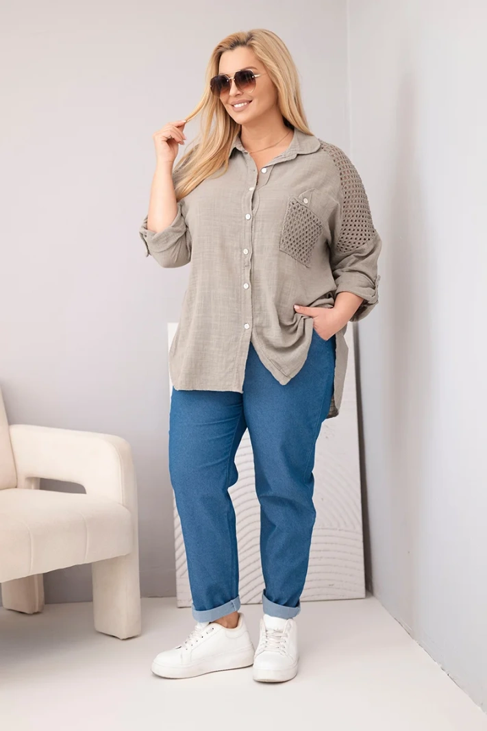 Dámska bavlnená košeľa Plus Size s golierom a čipkovou vsadkou fango