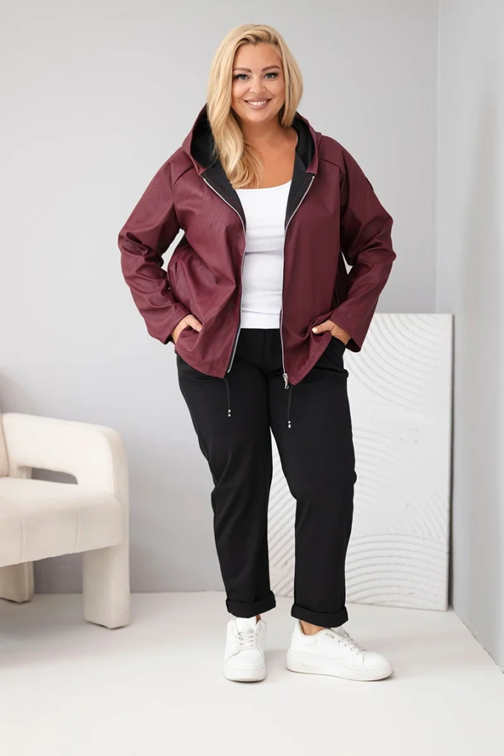 Plus Size women's jacket with hood and adjustable hem burgundy