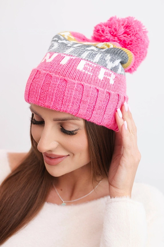 Women's winter hat with wool and a large pom-pom K422 light pink