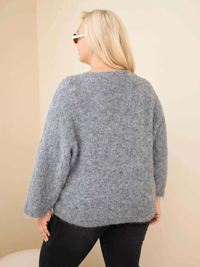 Damenpullover Plus Size mit V-Ausschnitt und weitem Ärmel grau