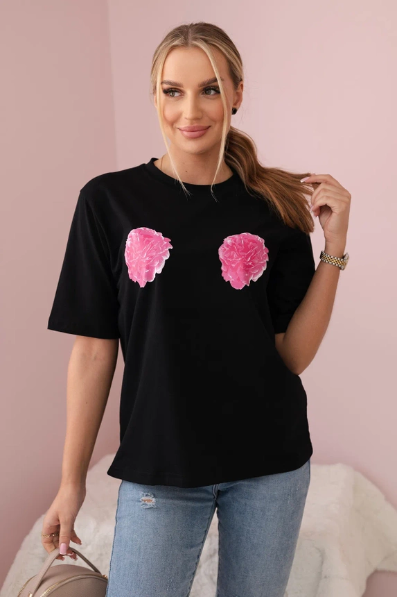 Cotton blouse with flower print black