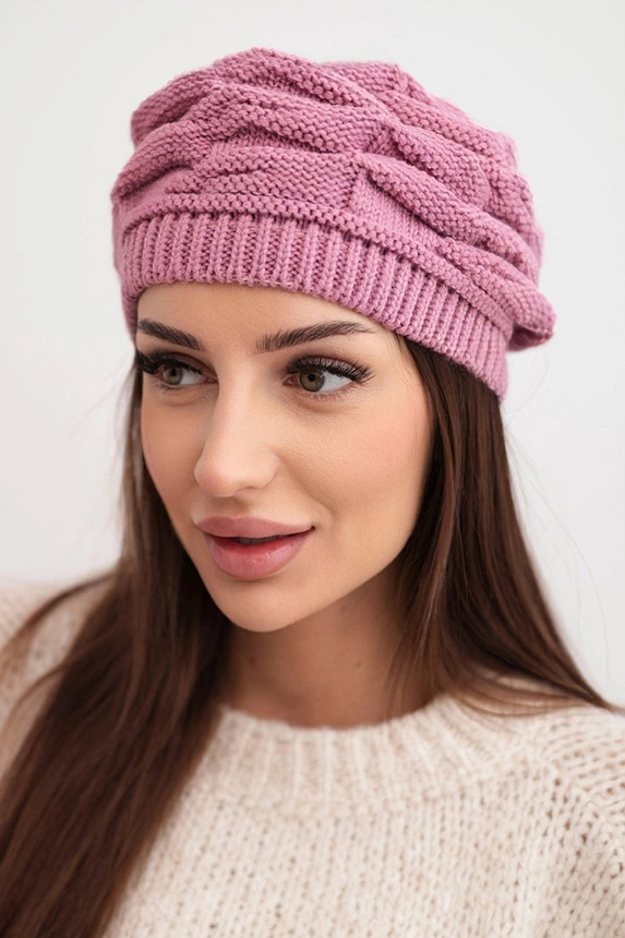 Women's winter wool hat with decorative braid and studs K397 purple