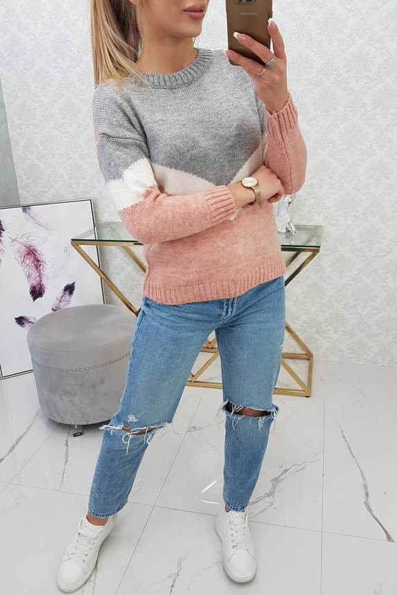 Sweater with geometric patterns gray+powdered pink