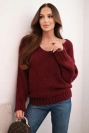 Sweter damski z domieszką wełny z dekoltem V, bordowy