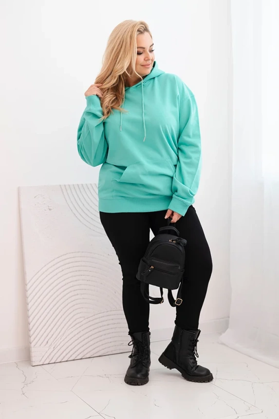 Dámska mikina s kapucňou a klokaním vreckom Plus Size z bavlny mentolová