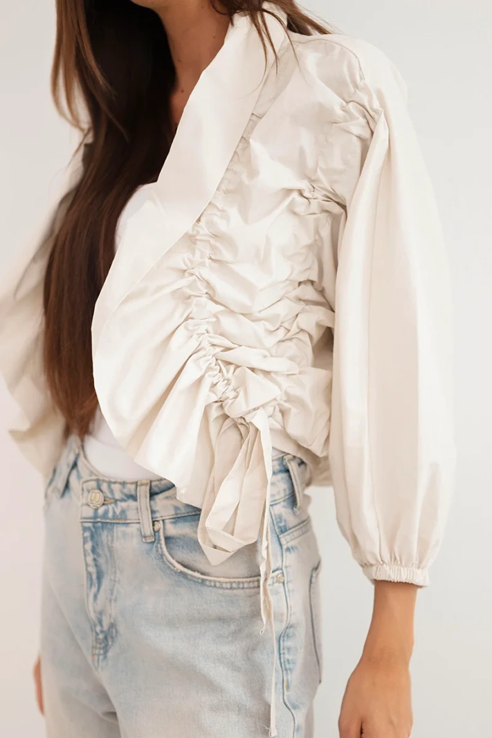 Women's cotton cover-up with ruching and tie fastening beige