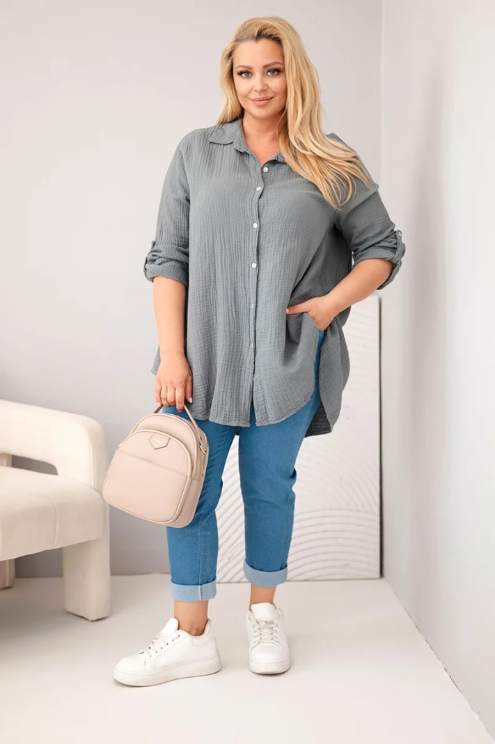 Bavlněná mušelínová košile Plus Size tmavě šedá