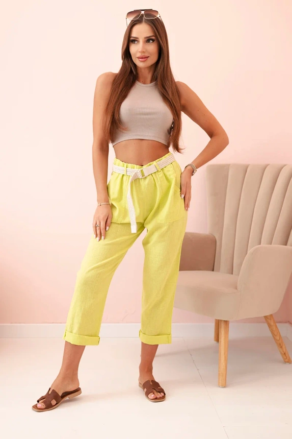Damen Leinen-Baumwollhose mit Gürtel kiwi