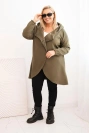 Moteriška Plus Size šilta džemperis su kapišonu ir asimetriniu užtrauktuku khaki