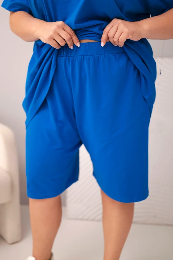 Damen-Baumwollset in Plus Size mit Bluse und Shorts kornblumenblau