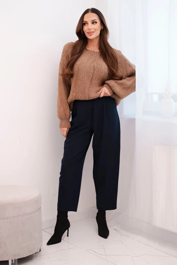 Women's high-waisted trousers with pleats navy blue