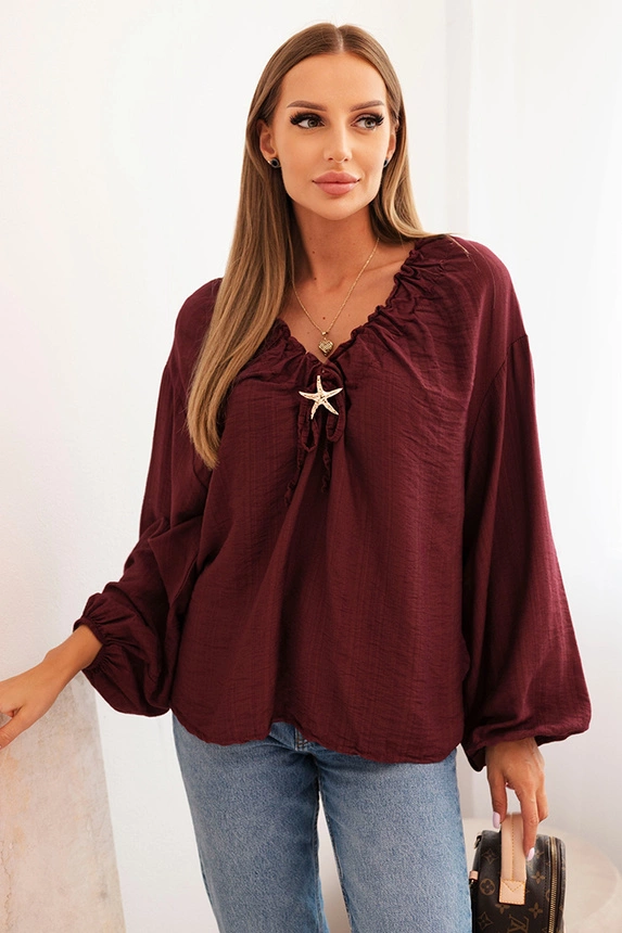 Women's blouse with viscose, pleated neckline and embellishment, burgundy