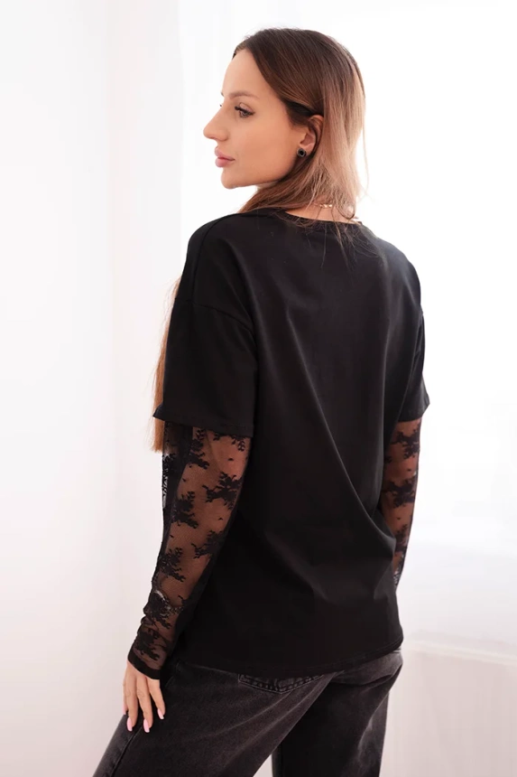 Women's cotton blouse with lace sleeves black