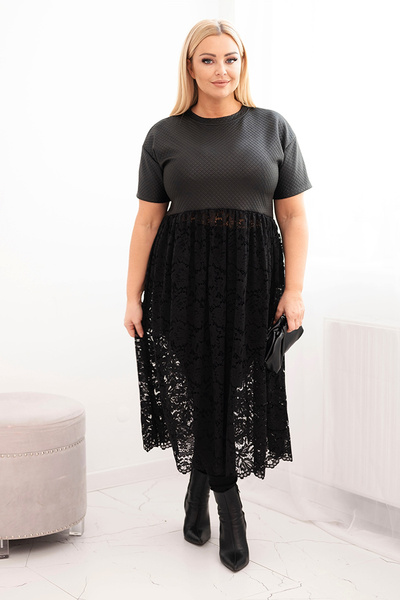 Sukienka damska Plus Size z krótkim rękawem i koronkowym dołem czarna