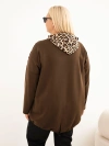 Dámska mikina Plus Size z viskózy s kapucňou a panterkovými vsadkami hnedá