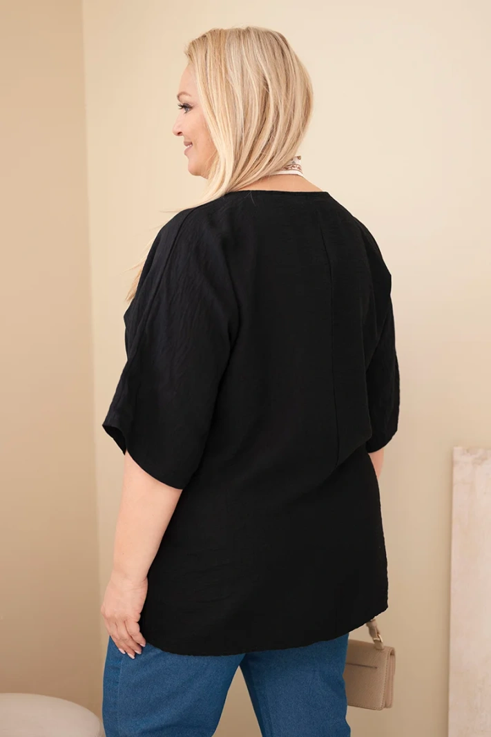 Women's viscose plus-size blouse with short sleeves and decorative scarf black