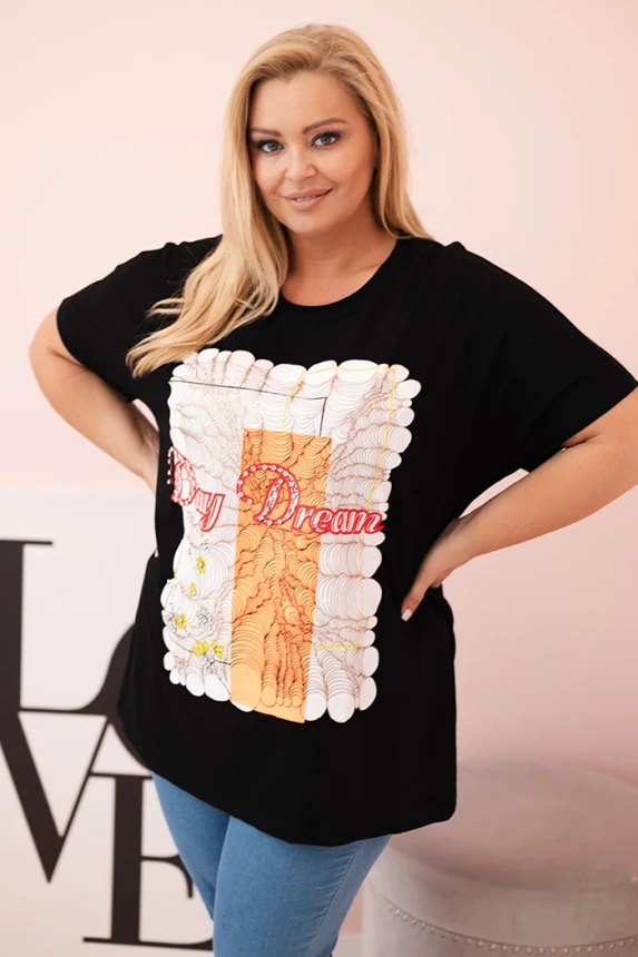 Dámska bavlnená blúzka Plus Size s nápisom „Day Dream“ čierna + oranžová