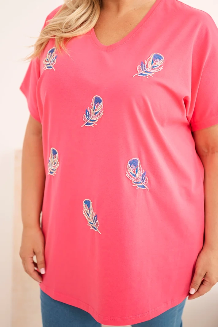 Dámska bavlnená blúzka Plus Size s pierkami ružová