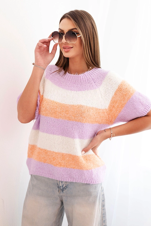 Damenpullover mit kurzen Ärmeln aus Wolle in Streifen apricot + lila