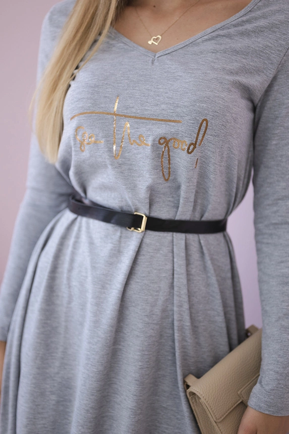Dress with a decorative belt and an inscription grey