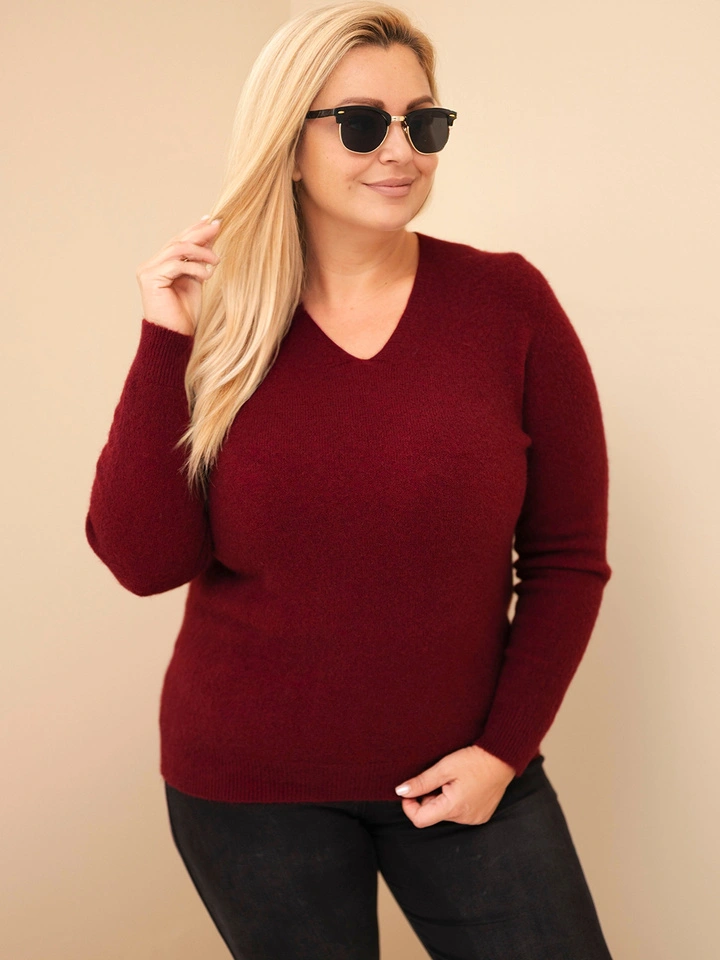 Sweter damski Plus Size z baby alpaki z długim rękawem bordowy