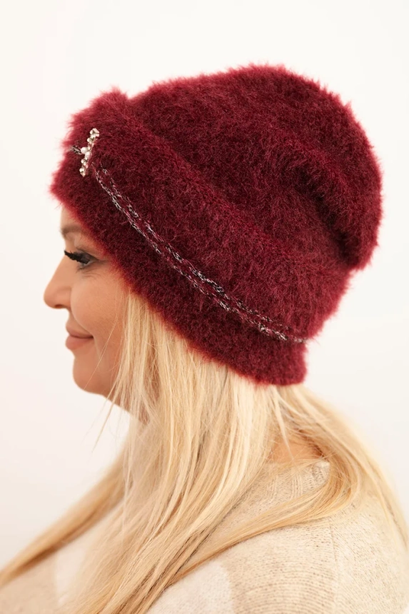 Women's winter fluffy hat with pearls and decorative weave burgundy