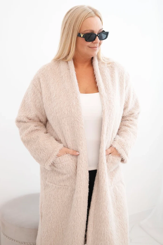 Plus Size women's coat made of viscose without fastening with pockets beige