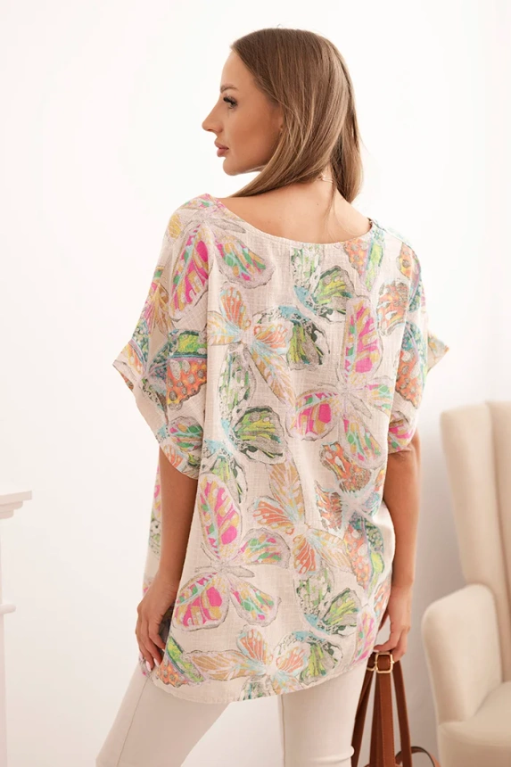 Women's cotton blouse with butterfly motif with short sleeves beige